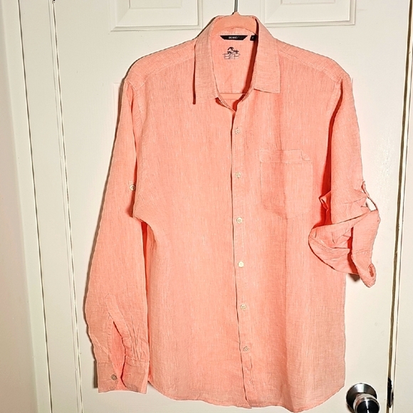 Men's Peach Linen Button Up Shirt. With Tab Sleeves. Sz Large - Picture 1 of 10
